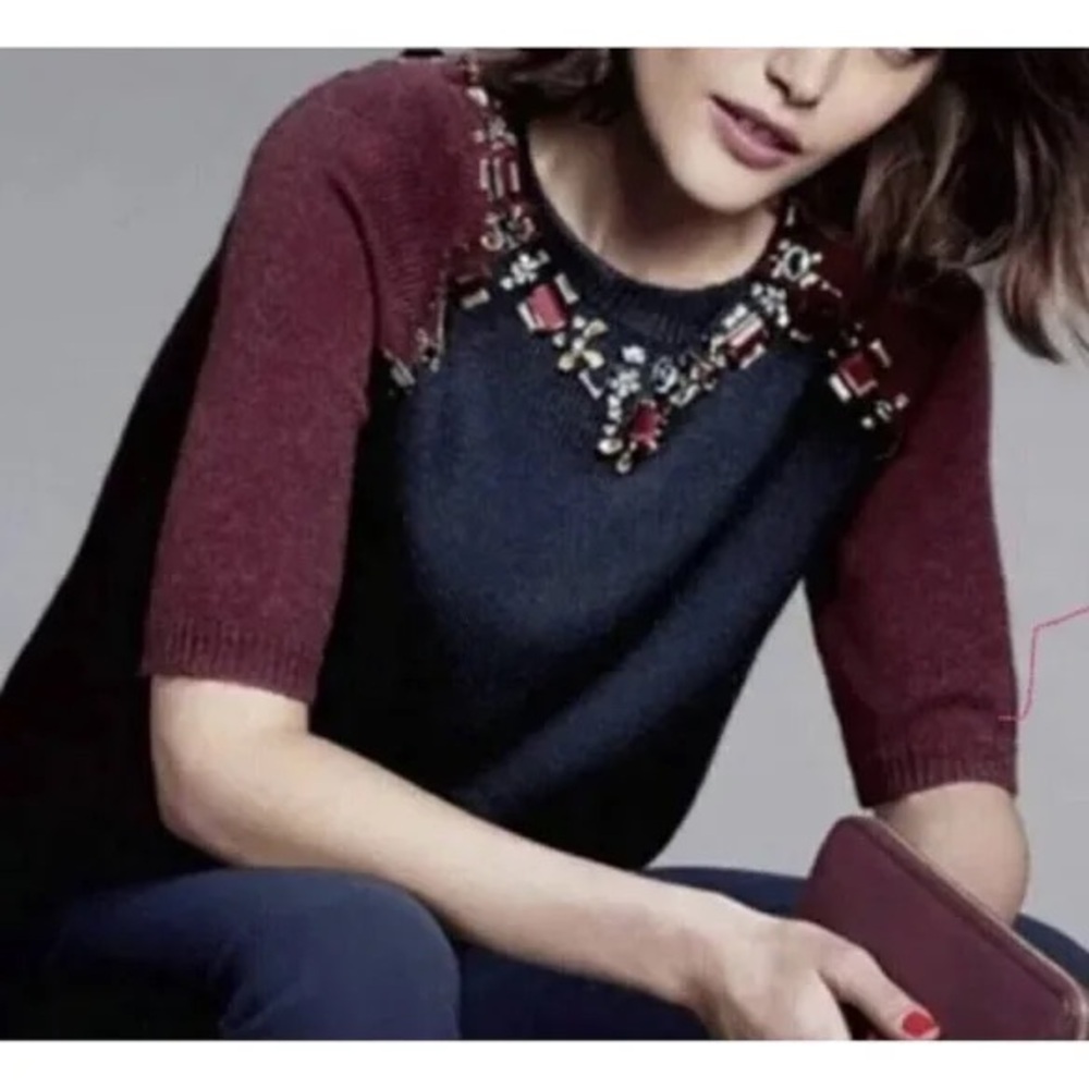 J.Crew Women's Navy/Maroon Alpaca Wool Blend Crewneck Sweater